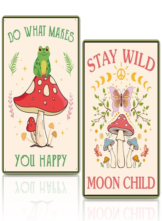 Lineshading 2 Pcs Funny Mushroom Decor Vintage Tin Signs Frog Decor Do What Makes You Happy Sign Stay Wild Moon Child Sign Retro Mushroom Wall Nature Ornament for Bathroom Forest Room, 12 x 8 Inch - Image 1